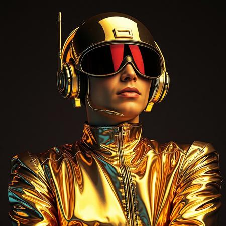 Avant-garde , Robert T techno style ,1970s retro futurism , chrome and Gold