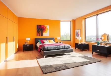 A modern bedroom with brightly painted walls and large windows that let in abundant natural light. The room features sleek, contemporary furniture, including a stylish bed and nightstands. Colorful decor accents, such as vibrant throw pillows, artwork, and a patterned rug, add a cheerful and lively atmosphere to the space.