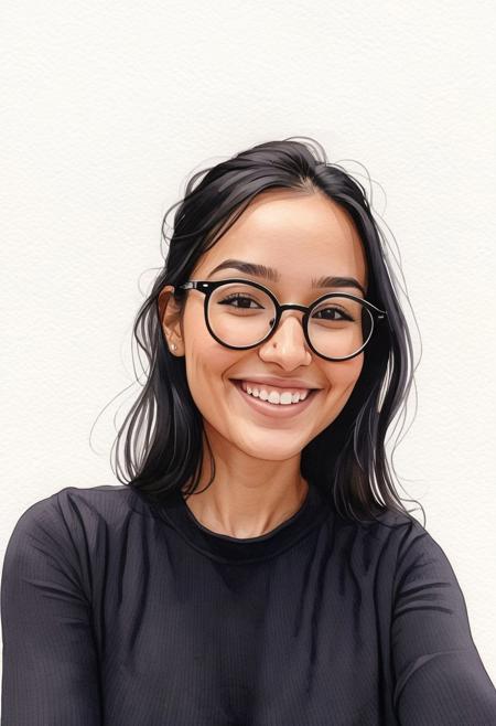 Watercolor cartoon illustration on solid white background, beautiful 28-year-old woman with black straigt hair wearing round black glasses and wearing a tight black top, smiling, slightly matte complexion, morocco girl, hyperdetailed photography, soft light, head and shoulders portrait, cover, Watercolor cartoon illustration, enchanted, adorable, Digital Cartoon Illustration, a simple and charming design