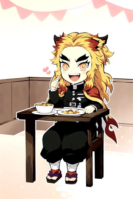 rengoku kyoujurou, 1boy, male focus, demon slayer uniform, forked eyebrows, yellow hair, red hair, sitting, open mouth, multicolored hair,  two-tone hair, colored tips, white cape, pants, belt, looking at viewer, holding, long sleeves, (black pants), thick eyebrows, :d, flame print, full body, medium hair, white belt, japanese clothes, food, holding, eating, plate, table, index finger raised, restaurant, cafe, indoors, (multicolored eyes:0.85), tabi, sandals, chair, <lora:KnY_ChibiV2:0.95>