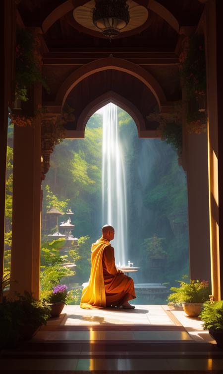 a monk is sitting righteously, wearing a yellow and white robe in the temple, the temple is in the forest, raw photo, surreal photo, unreal engine 4, 8k, super sharp, detailed colors, wide color coverage , extreme scene detail, shading, anti-aliasing, error detail smoothing,raw photo, surreal image, unreal engine 4, 8k, super sharp, detailed colors, wide color coverage, extremely high scene detail, shading, anti-aliasing, error detail smoothing, raw photo, surreal photo, unreal engine 4.8k, super sharp, detailed color, wide color coverage, scene detail extremely tall object , (8k, RAW photo, best quality, masterpiece:1.2), (realistic, photo-realistic:1.37),modelshoot style, (extremely detailed CG unity 8k wallpaper),professional majestic oil painting by Ed Blinkey, Atey Ghailan, Studio Ghibli, by Jeremy Mann, Greg Manchess, Antonio Moro, trending on ArtStation, trending on CGSociety, Intricate, High Detail, Sharp focus, dramatic, photorealistic painting art by midjourney and greg rutkowski, scene detail extreme objects, shading, anti-aliasing, error detail smoothing