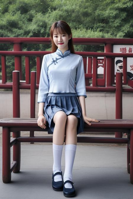 best quality, masterpiece,real,realistic, photo,photorealistic,looking at viewer,
1girl, xiaofu,school uniform, chinese clothes, cheongsam,shirt,pleated skirt,sleeves past elbows,socks, footwear, 
outdoors, city,chinese town,east asian architecture,sitting on bench, 
long hair,straight hair, blunt bangs, huge breasts, covered nipples,
<lora:xiaofu_v3_02:0.8> <lora:DA_HM_C:0.6>