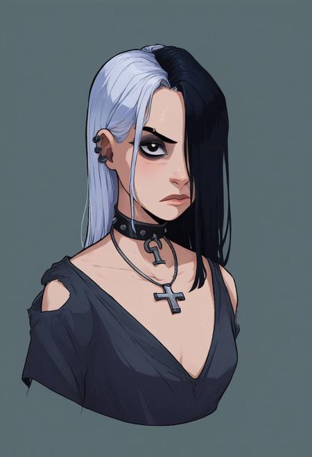 <lora:Akabur:0.95>, Akaburstyle, BREAK, score_9, score_8_up, score_7_up, score_6_up, score_5_up, score_4_up, source_western, uncensored, (detailed light:1.1), perfect lighting, vibrant colors, BREAK, Goth girl, Goth girl 1girl 1girl,solo,long hair,looking at viewer,simple background,black hair, jewelry,white hair,multicolored hair,choker,black eyes,grey background,necklace,(hair over one eye),two-tone hair,cross,portrait