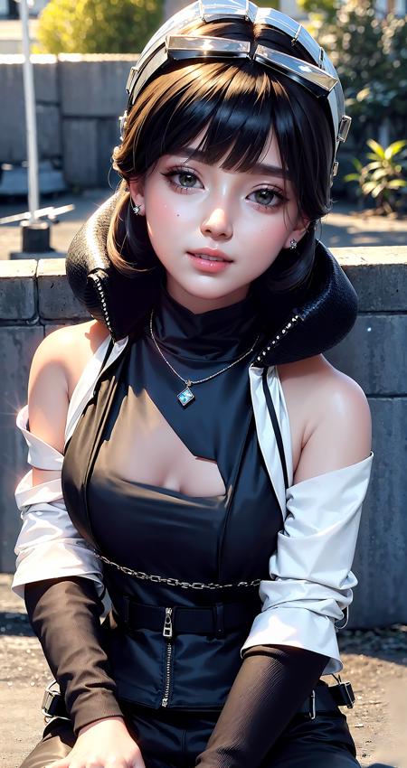 masterpiece, best quality, beautiful clean face, 1woman, wearing black techwear jacket and pants with buckle and tape, (crystal necklace), posing for a picture, ((silver beehive hairdo)), big happy warm smile, very small breasts, in the park <lora:UrbanSamurai_fashion:0.9>