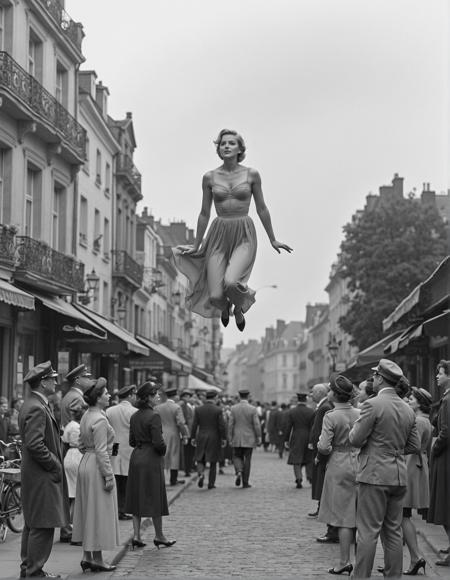 A vintage black-and-white photograph, __0wc/VIEWS__, a blonde woman gracefully (floating in zero gravity, 10 feet above the  ground, levitation:1.1), cobblestone street of a bustling Parisian neighborhood. She wears a flowing, elegant dress typical of the 1950s, (nsfw, partial nudity, high stokings, garter belt, pulled panties, pussy, pubic hair, cameltoe, upskirt, revealing dress, cleavage:1.06), her hair styled in soft waves, as her serene expression contrasts with the (amazed crowd below:1.1). Pedestrians in classic Parisian attireâberets, trench coats, and dressesâgather around, looking up in astonishment, their expressions a mix of wonder and disbelief. The street is lined with charming cafÃ© terraces and wrought-iron balconies, bathed in soft natural light filtered through the overcast sky. The image evokes the timeless, candid style of Robert Doisneau, capturing both the whimsy and everyday life of Paris. , (vintage photography:1.5), (candid street scene:1.4), (timeless elegance:1.3)