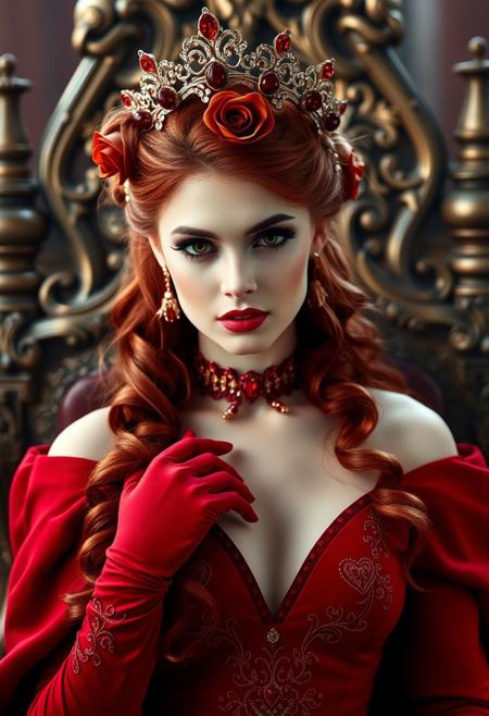 a gorgeous 30 years old caucasian woman, very pale skin, very long red hair in updo with curls hanging down and royal tiara with red jewel fake roses, long black eyelashes, black mascara, black eyeliner, big amber eyes, red sparkling smokey eyes eyeshadow, luscious sensual red glossy lips, rouge, sexy elegant curves, red elegant royal choker with hearts and roses jewelry, long red royal gloves with heart roses embroidery, long red royal dress with cleavage and heart roses embroidery, looking at viewer sensually and dominantly, Throne room