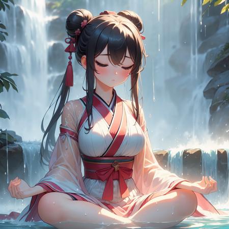 (((masterpiece))),  (((best quality))),  (((takigyo))),  ((mudra)),  ((close hands together)),  (((meditation under waterfall))),  (((falling water hitting body))),  close eyes,  see through hanfu,  solo,  1girl,  big tits,  sweat,  ribbon,  twin bun hair,  shy,  blush,<lora:EMS-277088-EMS:1.000000>