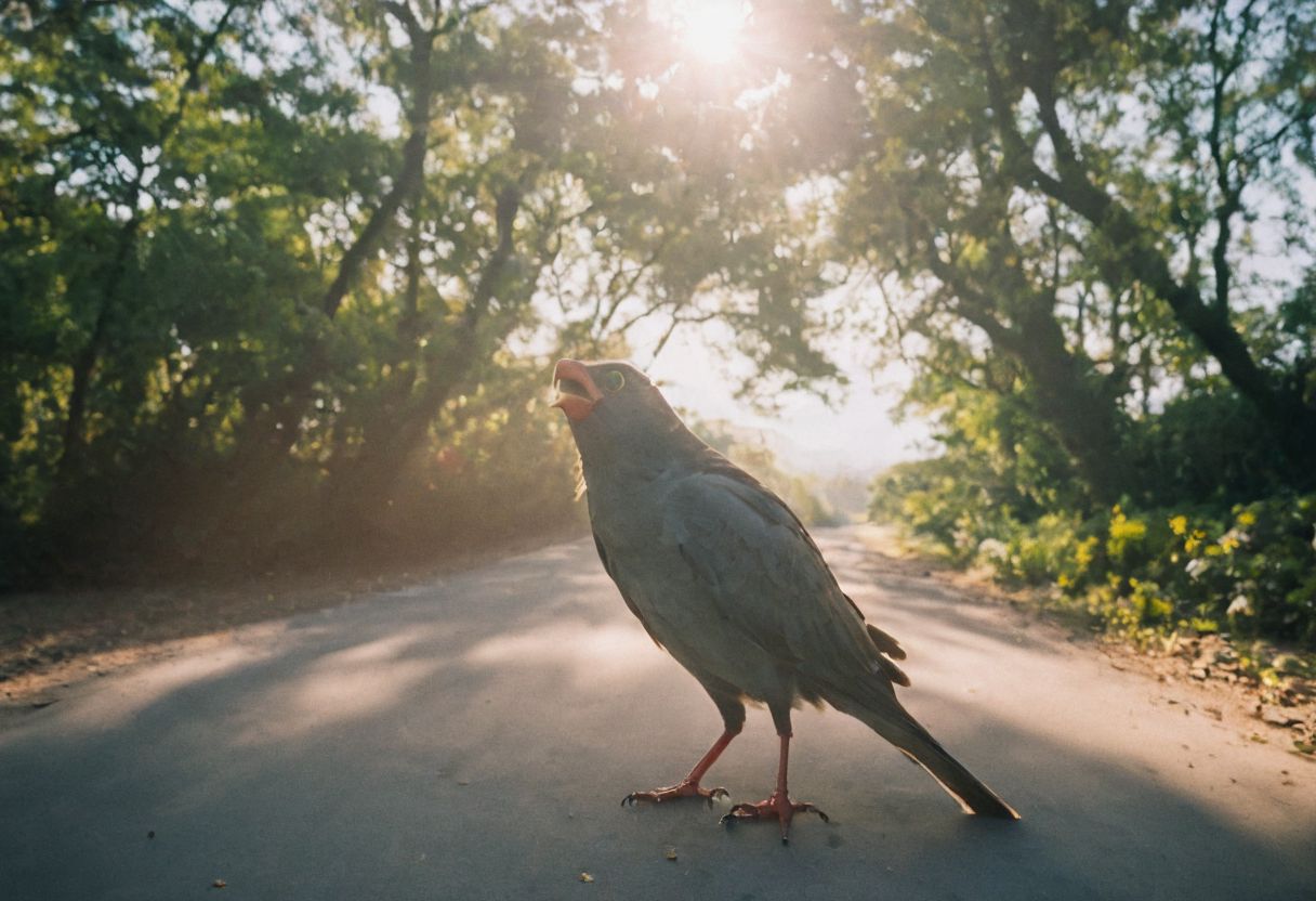 leica m3, 35mm Voigtlander lens, Portra 160/400, photo of unexpected moment when a bird lands on the camera just as the picture is taken, resulting in an amusing 'selfie' of the bird., high contrast, natural  sunlight