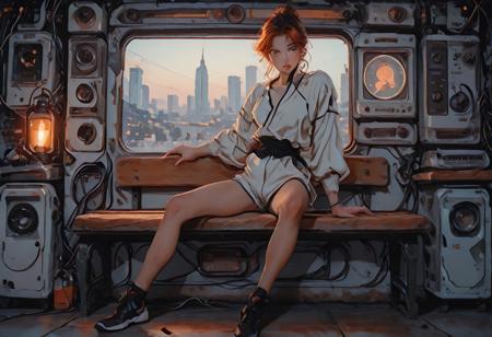masterpiece, Shinkaistyle, pinkretroanime, retro art, Cyberpunk Style, cyberpunk, science fiction, hi tech, future tech, neon, (Cybernetics:1.25), (Neon Cityscape:1.4), (lineless:1.5), smooth edges, (lighten the face:1.5), tall body, slender body, fit body, long legs, two cats on a wooden bench in an Asian street during late afternoon. One black and white, and one orange. The bench is near a window with Japanese characters and red lanterns. Cherry blossom trees line the street. Green, brown, and warm orange hues. Soft and diffuse lighting.