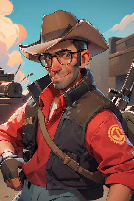 masterpiece, solo, half body, tf2sniper, red team, glasses, facial hair, cowboy hat, red shirt, grey pants, single glove, detailed background, outdoors, smiling, looking at viewer,  <lora:sniperlorav2:0.8>