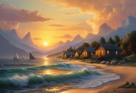 sea, sunset,beach, waves, huts, epic scale,layered symbolic density, Bob Ross style, nature, peaceful sea, landscape, advntr, far city lights, camp fire