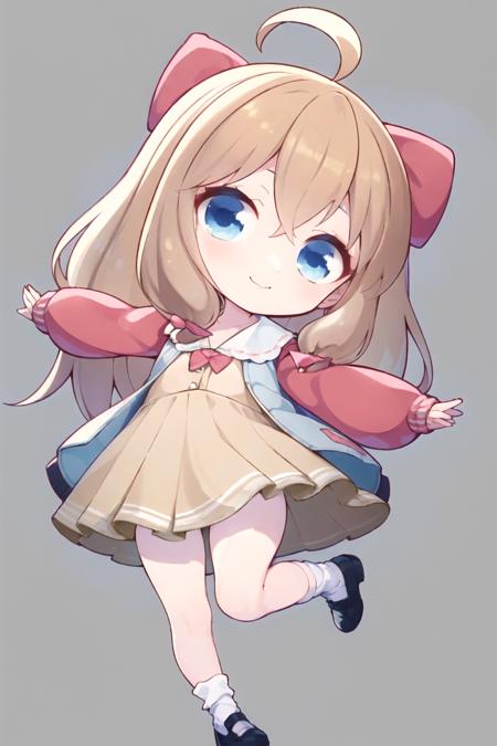 masterpiece, best quality, 1girl, solo, dynamic pose, brown hair, blue eyes, official dress, jacket, pink hair bow, <lora:jiaranV11_0.85_V8_0.15:1>,  <lora:yuzusoft-chibi:0.8>, chibi, light smile, simple background, dynamic angle, full body, white socks, outstretched arms,