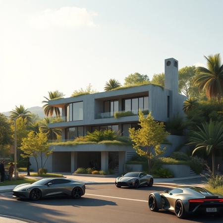 concrete modern house in a city land, there are house and building luxuriant vegetation around, some street with futuristic cars, photorealist, masterpiece, 4k, high details, background a sunny day, some people very happy. The proportions of the objects are perfect
