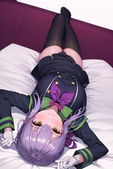 Shinoa Hiiragi, purple hair, braided hair, purple bow, purple ribbon, black shirt, white gloves, black thighhighs, boots Shinoa Hiiragi, purple hair, braided hair, purple ribbon, grey serafuku, green necktie, black kneehighs, black skirt,