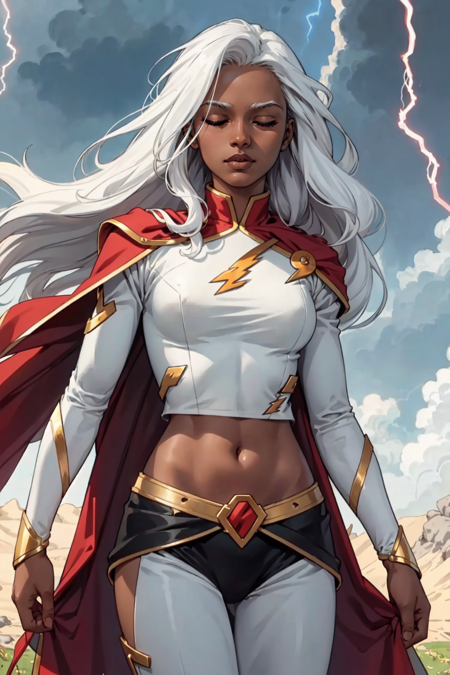 masterpiece, official art, best quality , extremely detailed, dskheroes,dskheroes, 1girl, solo, long hair, navel, closed eyes, white hair, midriff, dark skin, cape, dark-skinned female, traditional media, lightning<lora:Heroes_Style:0.6>