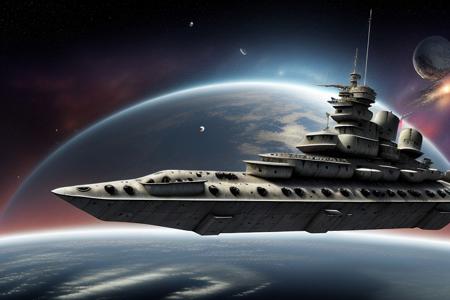 a space pirate battleship among the ruins of an advanced, futuristic city