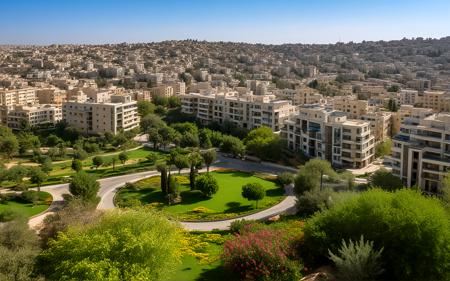 wide shot,Lush spring morning in Al-Hussein, Amman, featuring vibrant modern architecture with blooming flowers in the foreground, soft sunlight illuminating sleek buildings, and a clear blue sky enhancing the lively atmosphere of the neighborhood,, sweeping landscapes, unique perspectives, epic scale, revealing hidden beauty, showcasing vastness, immersive experience, precise compositions, expert piloting, dynamic angles, cinematic storytelling, showcasing natural wonders, aerial exploration