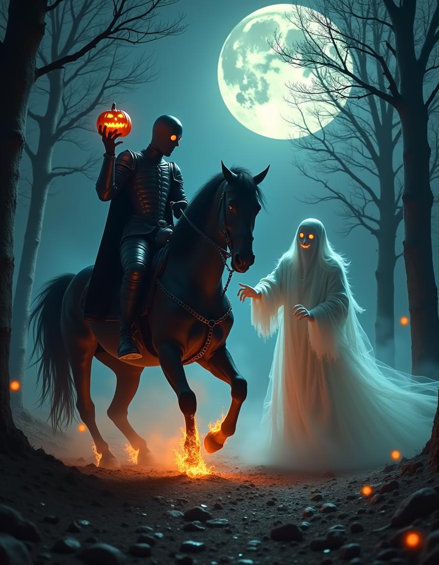 masterpiece, (best quality), ultra-detailed, (Headless Horseman vs Ghost), (spooky atmosphere:1.5), (dark forest at night), glowing full moon, (Headless Horseman in dark armor:1.3), holding a flaming pumpkin in one hand, (riding a black horse with fiery hooves), (ghostly mist surrounding the horse), (spectral ghost:1.4), glowing ethereal form, tattered ghostly robes, (battle scene), (intense glowing eyes on the ghost), swirling dark fog, (lightning in the sky), (eerie shadows cast by trees), (ghostly chains wrapping around the horse), (floating debris), (pumpkin flames illuminating the scene), (misty battlefield)