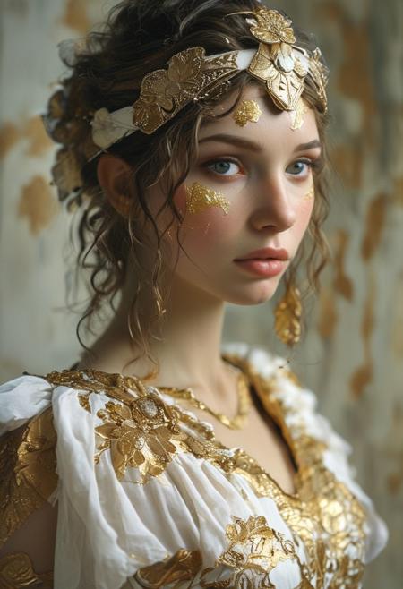 Close Up shot of Athena, ancient Greek Goddess  
White and gold costume, blonde, beautiful, Low saturation color photography, vintage, grunge, top light, Dark background , masterful painting in the style of Anders Zorn | Marco Mazzoni | Yuri Ivanovich, Todd McFarlane, Aleksi Briclot, oil on canvas