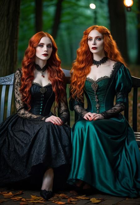 2girls, A captivating, cinematic night time photo of two elegant beautiful goth vampire women sitting on a park bench, happy, hands on lap, age 50 and 40, with long curly orange hair and freckles, full body view. Both are dressed in an exquisite, blood red and royal blue and jet black and emerald green ((iridescent)) Victorian dresses adorned with intricate lace and silver thread patterns. Their long orange hair flows elegantly, and their eyes are a striking shade of green. Matching slippers enhances their look. The background is a mystical, moonlit forest, dark shadows and glowing lanterns, mist, creating an atmosphere of supernatural enchantment., DarkFantasy, photo, cinematic,