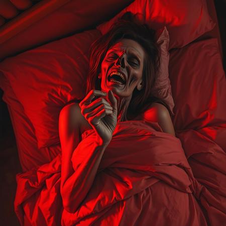 Album cover of realistic Dark art birdview of a undead zombie woman from the 70s-style pulp paintings lying in bed in a eerie red hotel room clasping the bedspread and bitring her fist with eyes closed, The vibe is red and otherworldy. The zombie womans rotting face is looking passionate. Duotone: Burnt orange and deep plum. Mood: Occult ritual meets 80's crinkled concert poster art style, movie still, gore, sexy pose, flirty, amorous, beautiful, evil dead