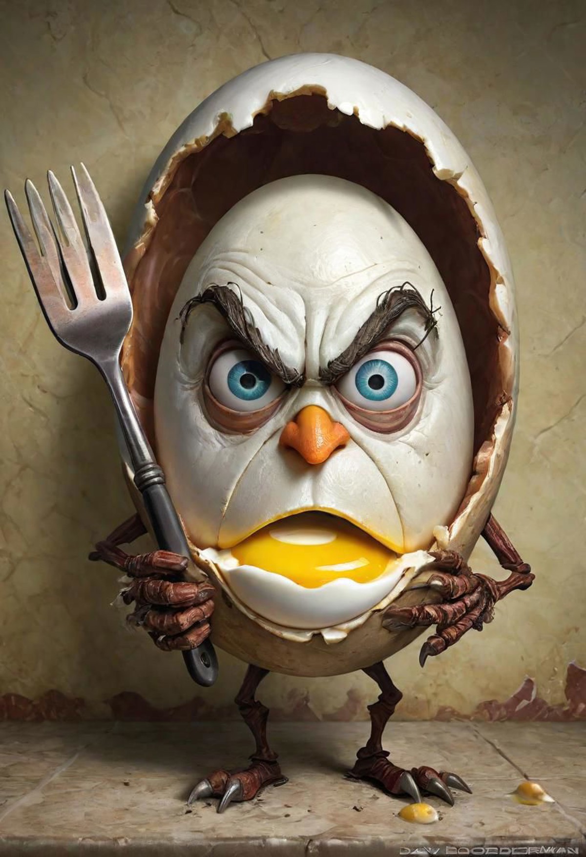 Rough hand caricature {hard boiled egg looks like a human head, in shell, white and yolk separated, spatula stuck in}, abs...