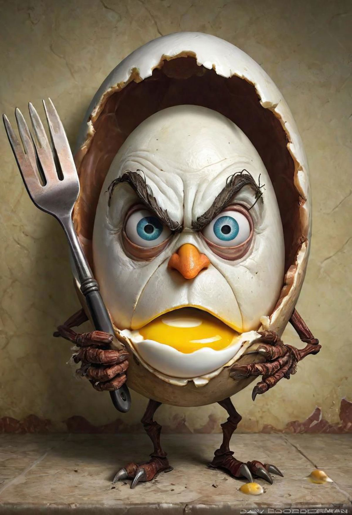 Angry Egg Character Holding a Fork and Knife