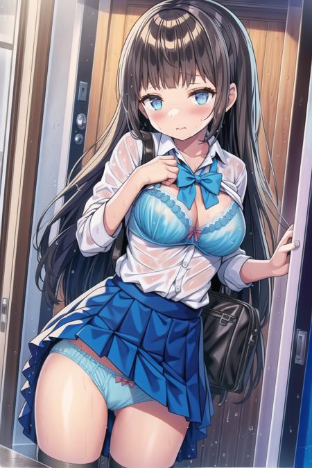 masterpiece,highly detailed,doorframe,wooden door,(dark_sky),1girl, bag, bangs, black_hair, blue_bow,black knee-length socks, blush, bow, bowtie, bra, bra_visible_through_clothes, breasts, cowboy_shot, long_hair, looking_at_viewer, medium_hair, one_side_up, outdoors, panties, pleated_skirt, rain, school_bag, school_uniform, see-through, shirt, skirt, skirt_lift, solo, thighs, underwear, wet, wet_clothes, wet_hair, wet_shirt, white_bra, white_panties, white_shirt,wringing_clothes