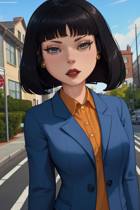 Tricia, shirt, blue jacket, suit skirt, heels, gold earrings,  facing viewer,  close up, 
solo, black hair,  standing,  upper body, 
 outdoors, 
(insanely detailed, beautiful detailed face, masterpiece, best quality)   <lora:Tricia:0.8>