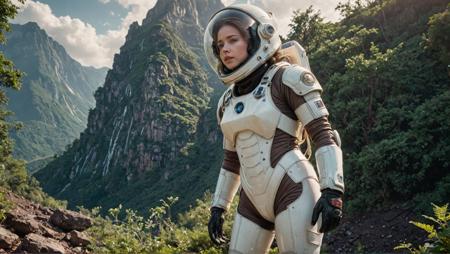 masterpiece, Highly detailed RAW color Photo, wide shot, Full Body, of (Young Woman space soldier, wearing brown and white space suit, helmet, tinted face shield, rebreather, accentuated booty), outdoors, (looking up at advanced alien structure, on alien planet), toned body, big butt, (mythpunk), (mountains:1.1), (lush green vegetation), (two moons in sky:0.8), (highly detailed, hyperdetailed, intricate), (lens flare:0.7), (bloom:0.7), particle effects, raytracing, cinematic lighting, shallow depth of field, ((RAW, analog style)), cinematic lighting, atmospheric lights, god rays, ultra detailed, bloom, dramatic atmosphere, centered, rule of thirds, f/4, 17mm, Aerial Shot