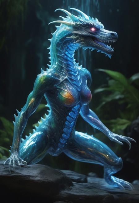 ((((translucent)))) and bioluminescent glass. rainbow liquid plasma, female humanoid dragon, full body dynamically posed, transparent ((xray art)), background tropical, water fall, illustration, extreme detail, digital art, 16k, ultra hd, oil painting, adult fantasy,sci-fi, bold colors, illustration, beautiful, cinematic lighting, highly detailed, , hyper-realistic, hyper-detailed, airbrush art, Bernie, ultra hd, realistic, vivid colors, highly detailed, UHD, perfect composition, beautiful detailed intricate insanely detailed octane render trending on artstation, 16k artistic photography, photorealistic concept art, soft natural volumetric cinematic perfect light, caustic reflections, heavy bokeh