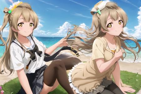 minami_kotori, 1girl, solo, <lora:minami_kotori_v3:0.8> (masterpiece),(best quality), (absurdres),(highres:1.1), outdoors, ocean, beach, horizon, cloudy sky, ((1girl)), hifumi \(blue archive\), (solo), sitting, (panties under pantyhose), white panties, looking at viewer, school uniform, pleated skirt, (halo), low twintails, collarbone, light brown hair, yellow eyes, (black pantyhose:1.2), light smile, blush