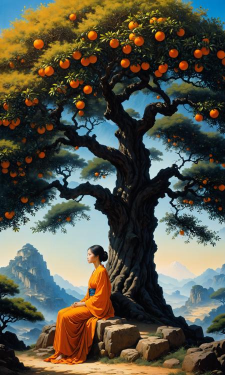 A contemplative landscape with an orange tree, highly detailed oil painting by Annie Leibovitz and Steve McCurry, 8k, HD, trending on artstation, vivid colors, wide angle shot, cinematic lighting, masterpiece, lightwave colors. rule of thirds. Beksinski painting. art by Takato Yamamoto; artwork by John "Phelan; artwork <lora:Details:0.85>