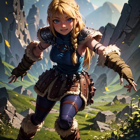 Astrid walking in a field of roses around mountains, (long hair, blonde, blue eyes, armor, braid:1.2), warm light, curvy, smile, :D, breast below, (dynamic_angle), (dynamic_pose:1.2), looking at viewer,
(detailed landscape:1.2), (dynamic_perspective:1.2),
(masterpiece:1.2), (best quality, highest quality), (ultra detailed), (8k, 4k, intricate), (full body:1), (highly detailed:1.2),(detailed face:1),(gradients),(ambient light:1.3),(cinematic composition:1.2),(HDR:1),Accent Lighting,extremely detailed CG unity 8k wallpaper,original, highres,(perfect_anatomy:1.2),
 <lora:Astrid_Character:1>