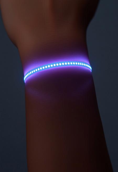 subdermal LED cuff bracelet, (internal LED glow:1.7), (embedded LEDs:1.7) forming an elegant band of light around the wrist, soft glow radiating evenly beneath the skin, (uniform light segments:1.6), (glowing light bands:1.6) mimicking the structure of a classic cuff bracelet, natural skin tone with seamless light diffusion, high-definition, (ultra-realistic skin texture:1.8), radiant light seamlessly integrated into the skin, perfect for both formal and everyday wear, (worn bracelet:-1.8), (visible cuff:-1.8), (unnatural glow:-1.5), smooth, refined light transitions, modern and bold, timeless elegance