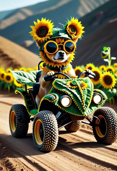 Made of Sunflowers, from side, closeup cute small 4WD buggy Made of Sunflowers, chihuahua driving, (wear round goggles:1.2), wear animal ears helmet Made of Sunflowers, run through on mountain dirt road, Dust, cinematic, cinematic lighting, (masterpiece, best quality:1.4), ultra-high res, 4k, Photorealistic, insanely detailed, sfw,