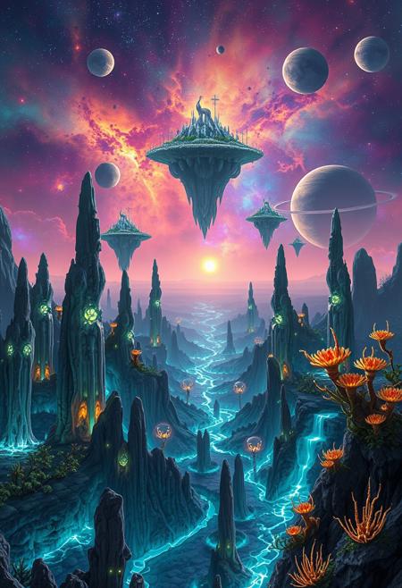 A breathtaking alien landscape, on a distant planet, featuring towering, bioluminescent flora and floating islands suspended in a vibrant
, nebula-filled sky. The terrain is a mix of crystalline formations and glowing, otherworldly plants. Rivers of liquid light flow through the valleys, casting an ethereal glow across the scene. Strange, luminescent creatures can be seen in the distance, blending seamlessly with the fantastical environment. The horizon is dotted with multiple moons and a giant, ringed planet, adding to the surreal beauty of this extraterrestrial world