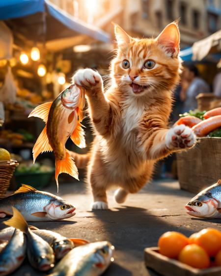 a photo of a cat holding fish with paws, running away in a market, summer, uhd, 8k, intense lighting, award winning masterpiece, extremely detailed, detailed background, cinematic, complex and multidimensional lighting