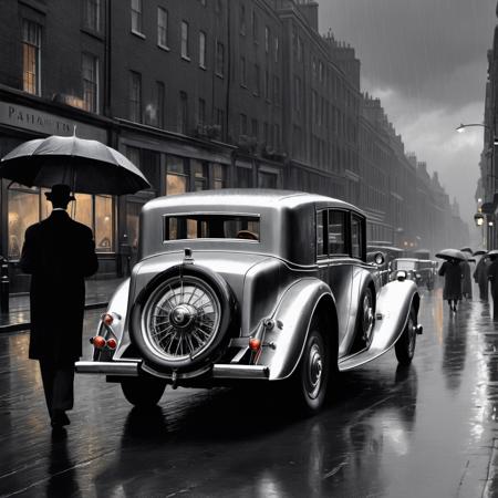 [grayscale : vivid: 16] painting depicting a silver (elongated:1.3) 1934 Rolls Royce Phantom II Continental on the streets of 1930's London, rear view, rainstorm, visible rain, dark sky, man holding umbrella in background, highly detailed, absurdres, masterpiece