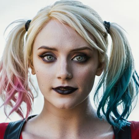 High res portrait photo of an actress dressed as Harley Quinn, f /2.8, Canon, 85mm,cinematic, high quality, skin texture, looking at the camera, <lora:brhoward_xl_1_standard_merge_22_74_04_06:1>,perfect eyes