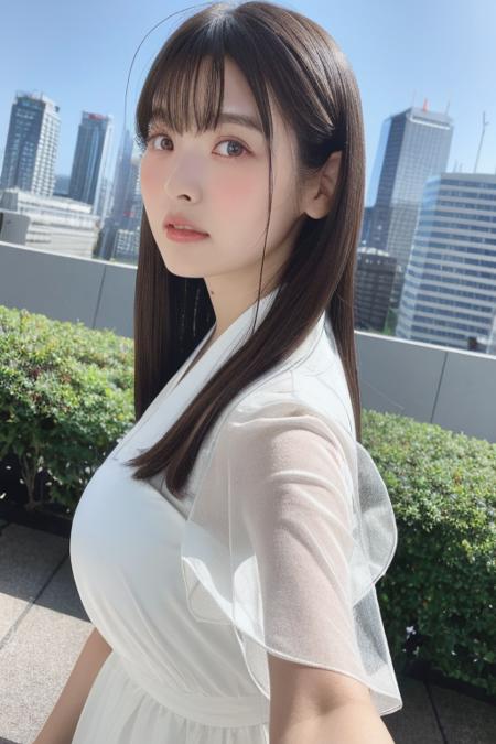 20yo, 8k, RAW portrait of (japanese girl), photo realistic, ultra high res, best quality, real life photo , dramatic, atmospheric, at morning,
1girl, a very beautiful japanese girl, glamour shot of girl, natural skin, long hair, bangs,
big beautiful detailed eyes, brown hair, beautiful detailed nose, medium breasts, 
dress, white dress, see-through, short sleeves,
<lora:SumireUesaka_V1:1>, from behind, blurry background, skyline,