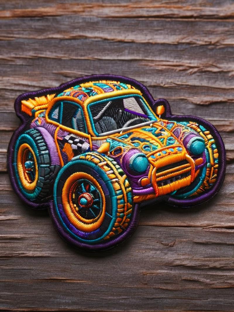A colorful embroidered toy car on a wooden surface.