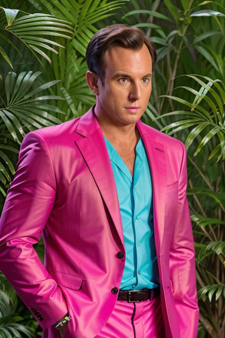 a man in a $3000 neon pink suit <lora:willArnett:1> in a jungle paradise, RAW, 8K, UHD, candid, amateur, close up, ((thinking he made a big mistake)), (funny face)