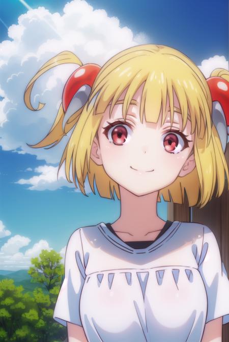 pattythesummer, <lora:patty the summer-lora-nochekaiser:1>,
patty the summer, short hair, blonde hair, (red eyes:1.3), twintails, two side up, hair ornament, smile,
BREAK shirt, (white shirt:1.5),
BREAK outdoors, forest, nature, sun, sky, clouds,
BREAK looking at viewer, (cowboy shot:1.5),
BREAK <lyco:GoodHands-beta2:1>, (masterpiece:1.2), best quality, high resolution, unity 8k wallpaper, (illustration:0.8), (beautiful detailed eyes:1.6), extremely detailed face, perfect lighting, extremely detailed CG, (perfect hands, perfect anatomy),