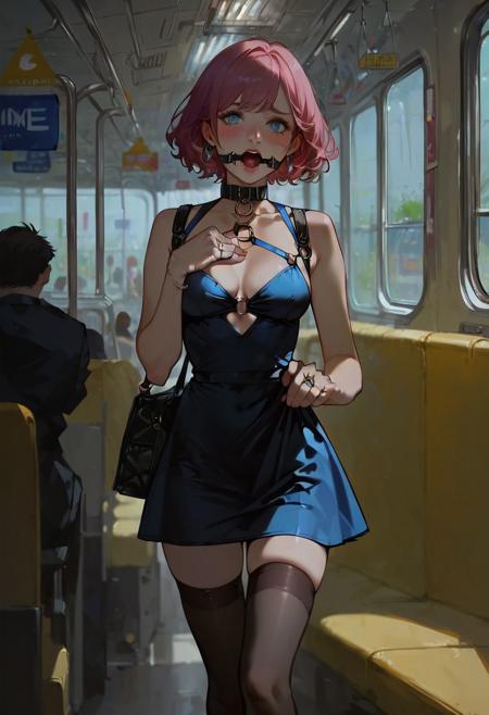 score_9, score_8_up, score_8, 
1girl, solo, beautiful girl, 24yo, (lean body, medium breasts), (long pink hair),
(ring gag:1.3),
(collar, o ring), 
(looking at viewer, embarrassed expression), 
(mini dress, dark thighhighs, standing in the crowded train),