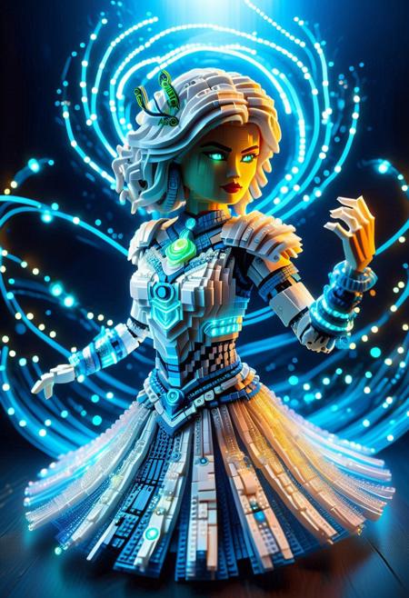 A mesmerizing 3D-rendered female character in a dancing pose made of Legos, her skirt made of ethereal glowing fabric that sways with her movements,The design features intricate, bioluminescent embroidery and layered digital effects. Her top includes elegant armor plates with neon lines. The futuristic background glows with dazzling lights. vibrant, photograph, picture, high quality, detailed, realistic