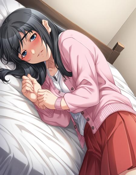 <lora:nanami-honda-ingame-ponyxl-lora-nochekaiser:1>, nanami honda, long hair, blue eyes, black hair, medium breasts, shirt, white shirt, cardigan, pink cardigan, skirt, red skirt, pleated skirt, long sleeves, collarbone,