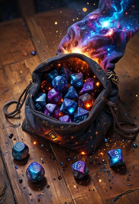 CosmicStyle, Close-up shot of a dice-bag laying on its side spilled on a worn wooden table, galaxy and cosmic dice filled with nebulas, star dust spilling out of bag, enchanted, forlorn magical universe dice, magic bag of tricks, wizards dice, emitting sparks and light, Macro photography, very colorful contents spilling out of bag, dark and warm environment, gaming dungeon, epic, fantasy art, realism, special effects, infinite universe inside bag