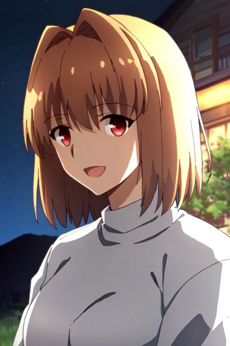 ufotable screen cap, arcueid brunestud, white sweater, portrait, looking at viewer, upper body, night, red eyes, smile, open mouth, outdoors, 
<lora:style-ufotable:0.85>