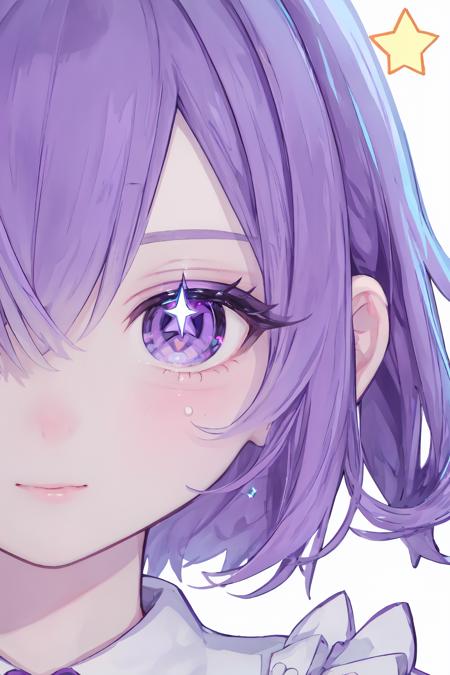 1girl, solo, eye focus, purple eyes, purple hair, looking at viewer, close-up, eyelashes, bangs, symbol-shaped pupils, star \(symbol\), rabbit, sparkle, to-style, beautiful eyes